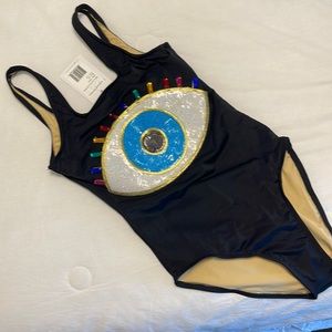 Girls Black swimsuit with evil eye gem
